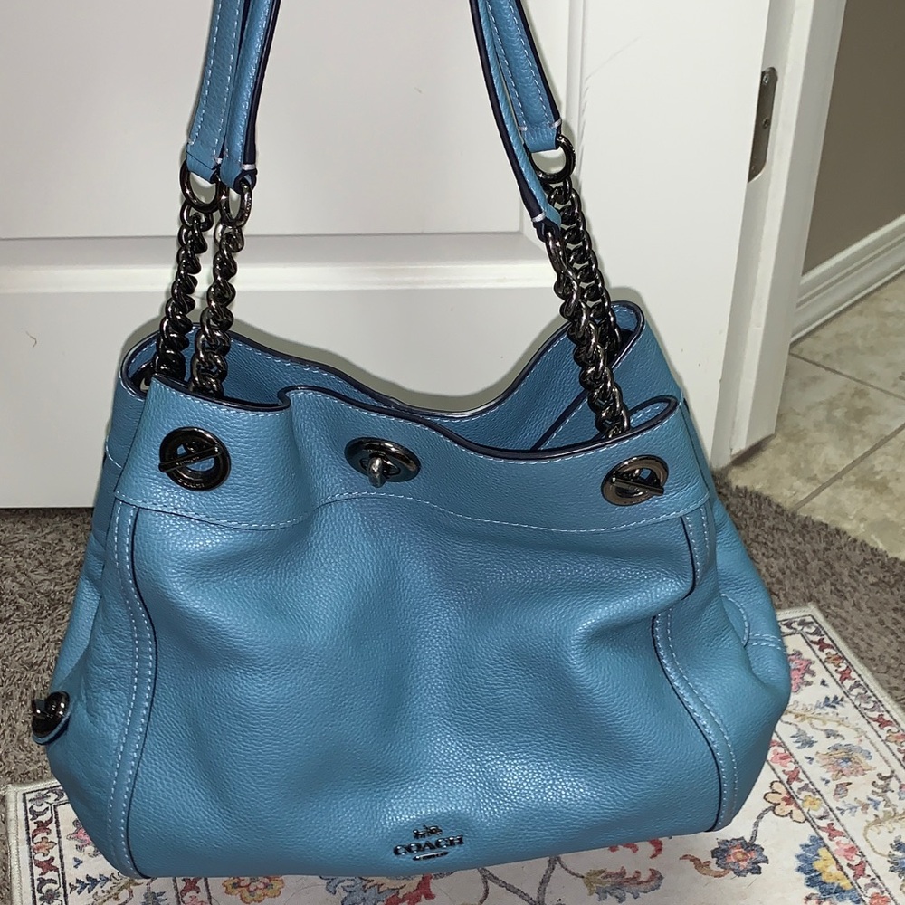 Coach Gorgeous BLUE Leather large hobo Shoulder Bag- black chrome color chains